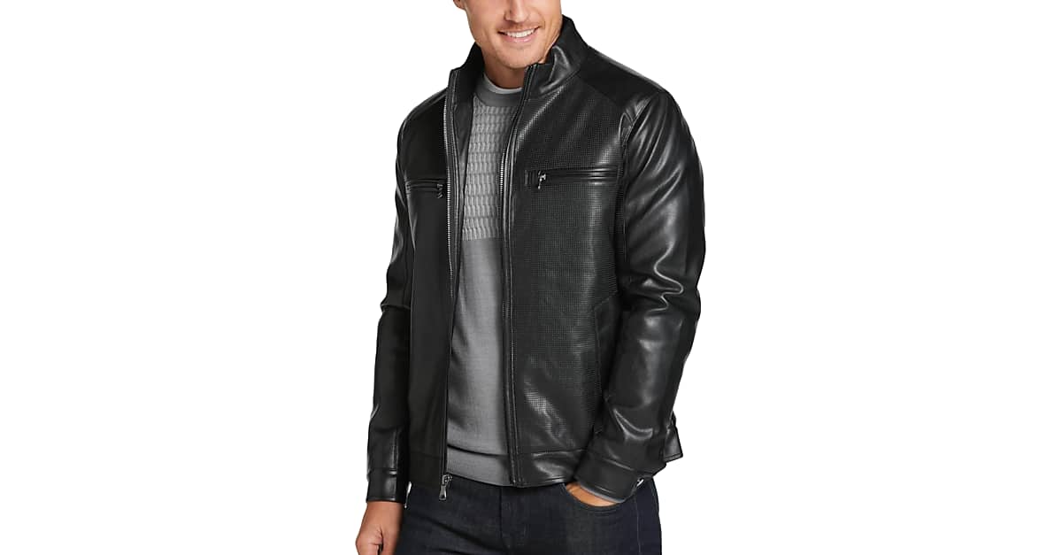 Michael Strahan Bomber Jacket Black Faux Leather Mens Sale Mens Wearhouse 