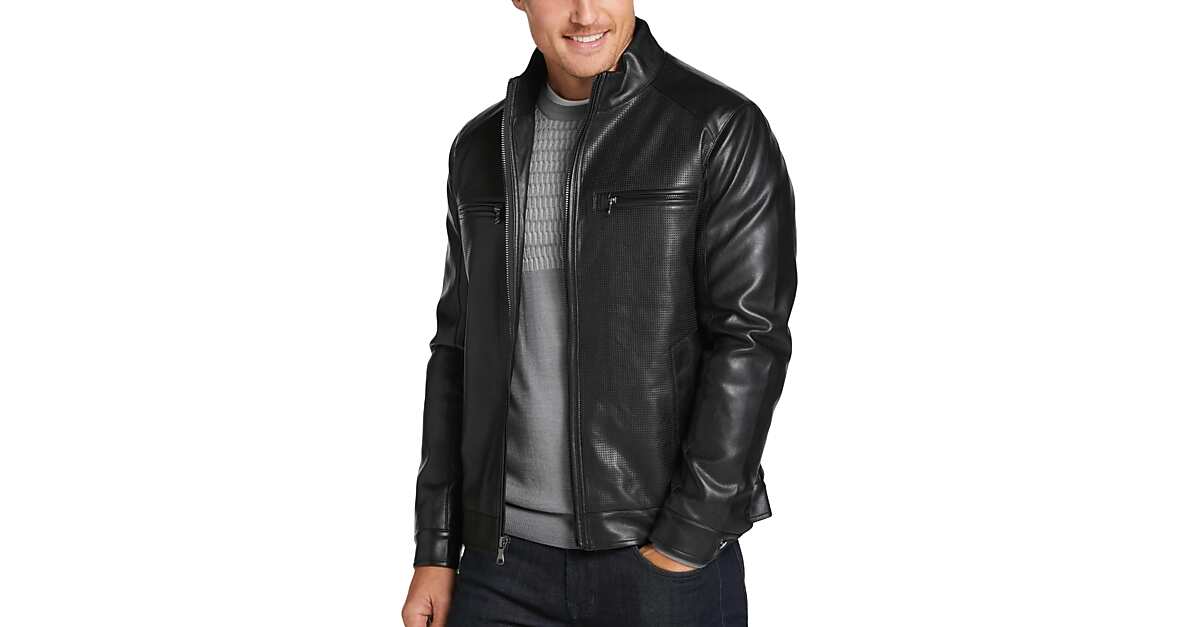 Michael Strahan Bomber Jacket, Black Faux Leather Men's Sale Men's