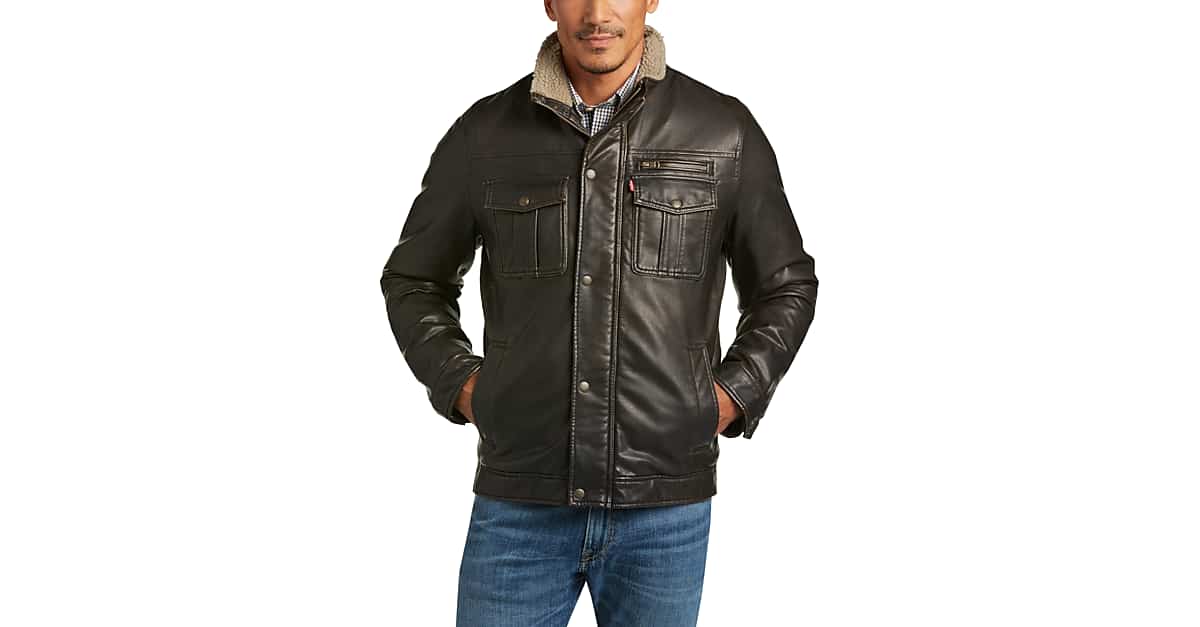 Levi's® Brown Modern Fit Faux Leather Trucker Jacket - Men's Sale | Men's  Wearhouse