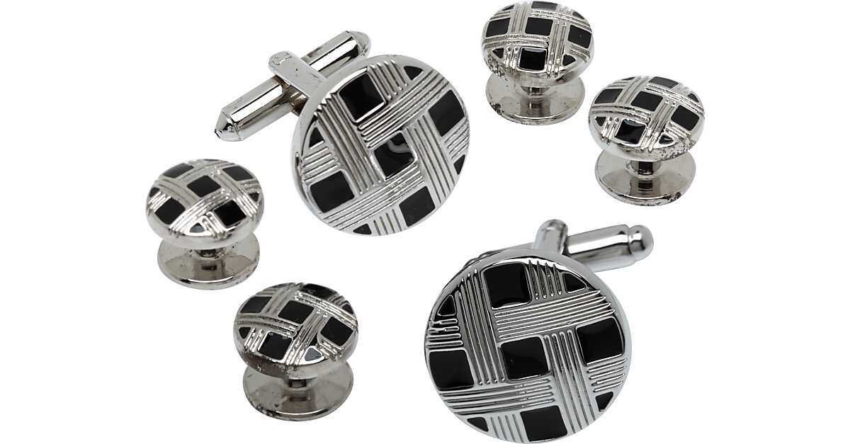 Pronto Uomo Silver and Black Basket Weave Cufflink and Stud Set Men's