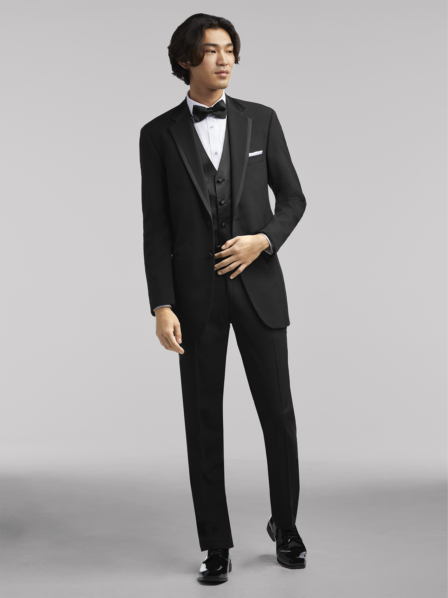 Boys Boys Tuxedo Suit with Satin Notch Labels and a Black Neck Tie