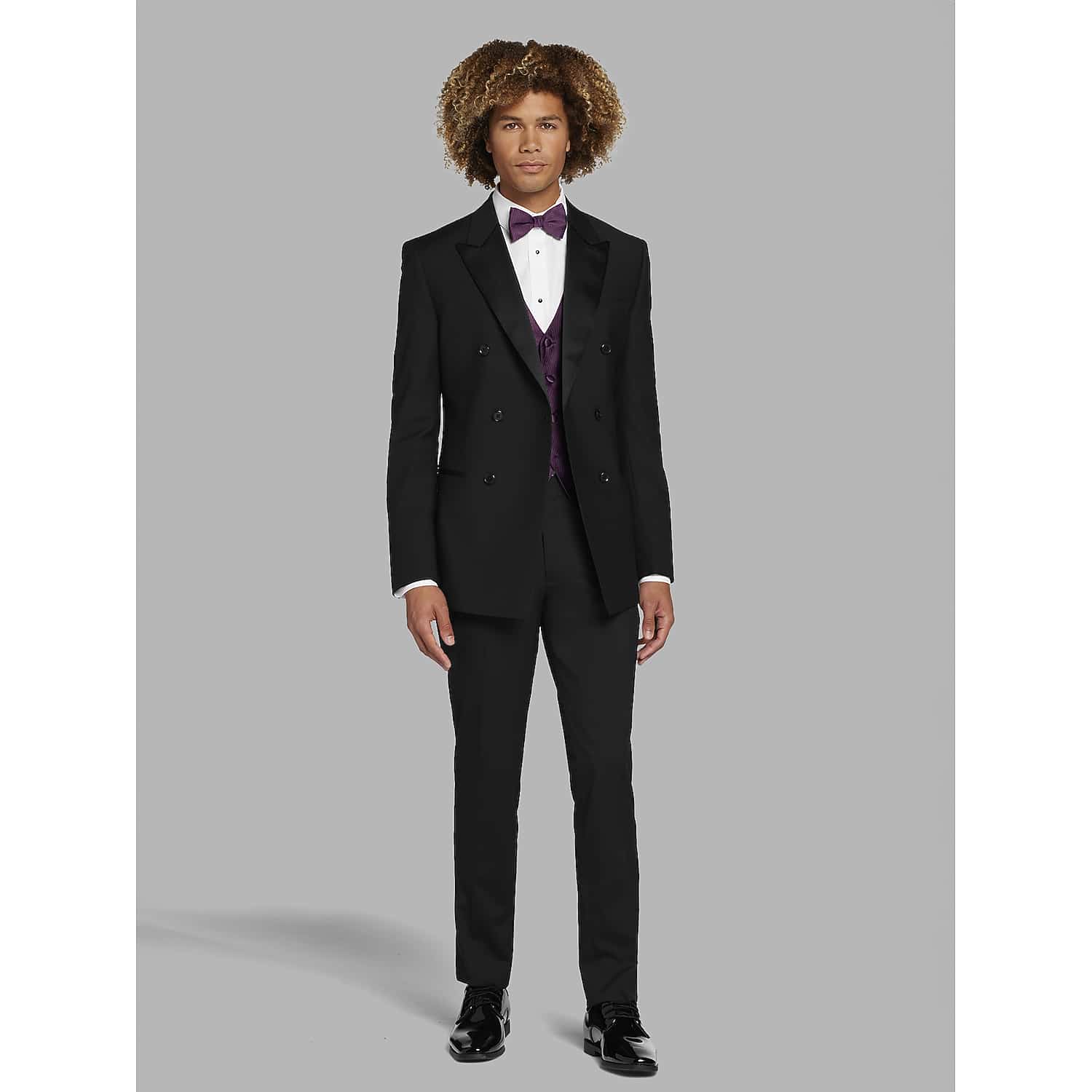 Calvin Klein Double Breasted Prom Tuxedo in Black – Men’s Super 100s Wool Peak Lapel Formal Suit Jacket and Matching Pants