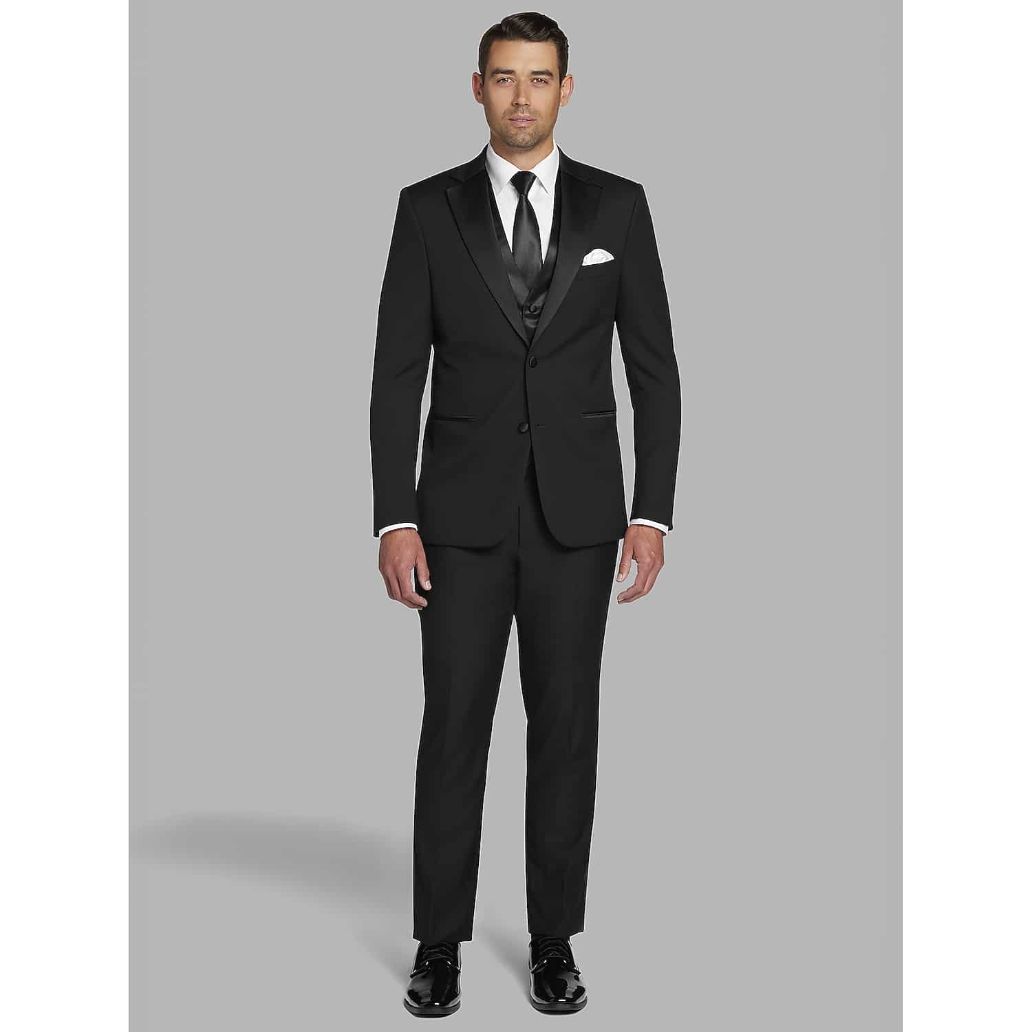 Pronto Uomo Black Wool Notch Lapel Tuxedo – Classic Two-Piece Men’s Black Suit for Weddings and Formal Events