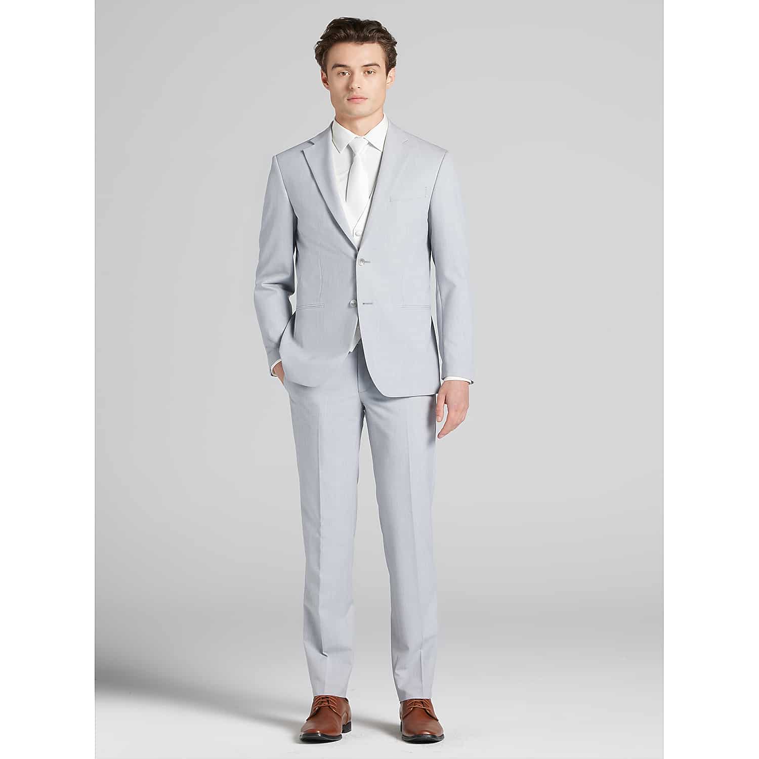 Egara Light Gray Slim Fit Prom Suit – Two-Piece Men’s Solid Gray Suit with Notch Lapel Jacket and Flat-Front Pants