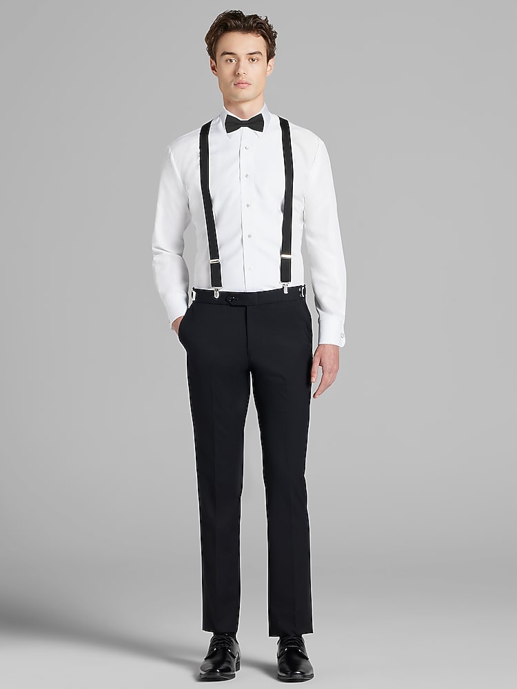 black dress shirt with suspenders Vincent Trouser Package | Tuxedo Ensemble Package If they dont fit perfectly—return them within 30 days for a full refund. White shirt, black sequin suspenders,