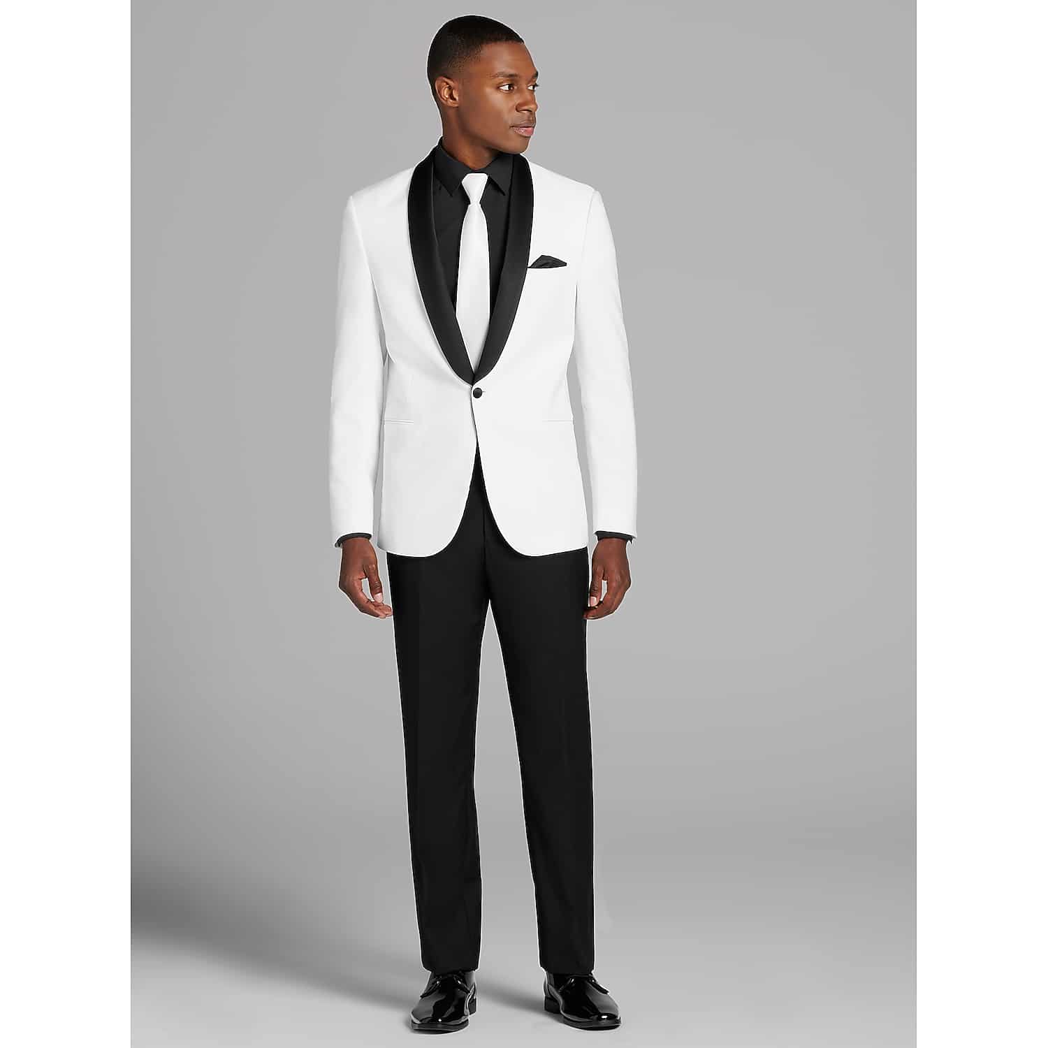 Calvin Klein White Wedding Dinner Jacket Tuxedo for Men in Solid Ivory – Modern Satin Shawl Lapel, One-Button, Fully Lined Formal Coat