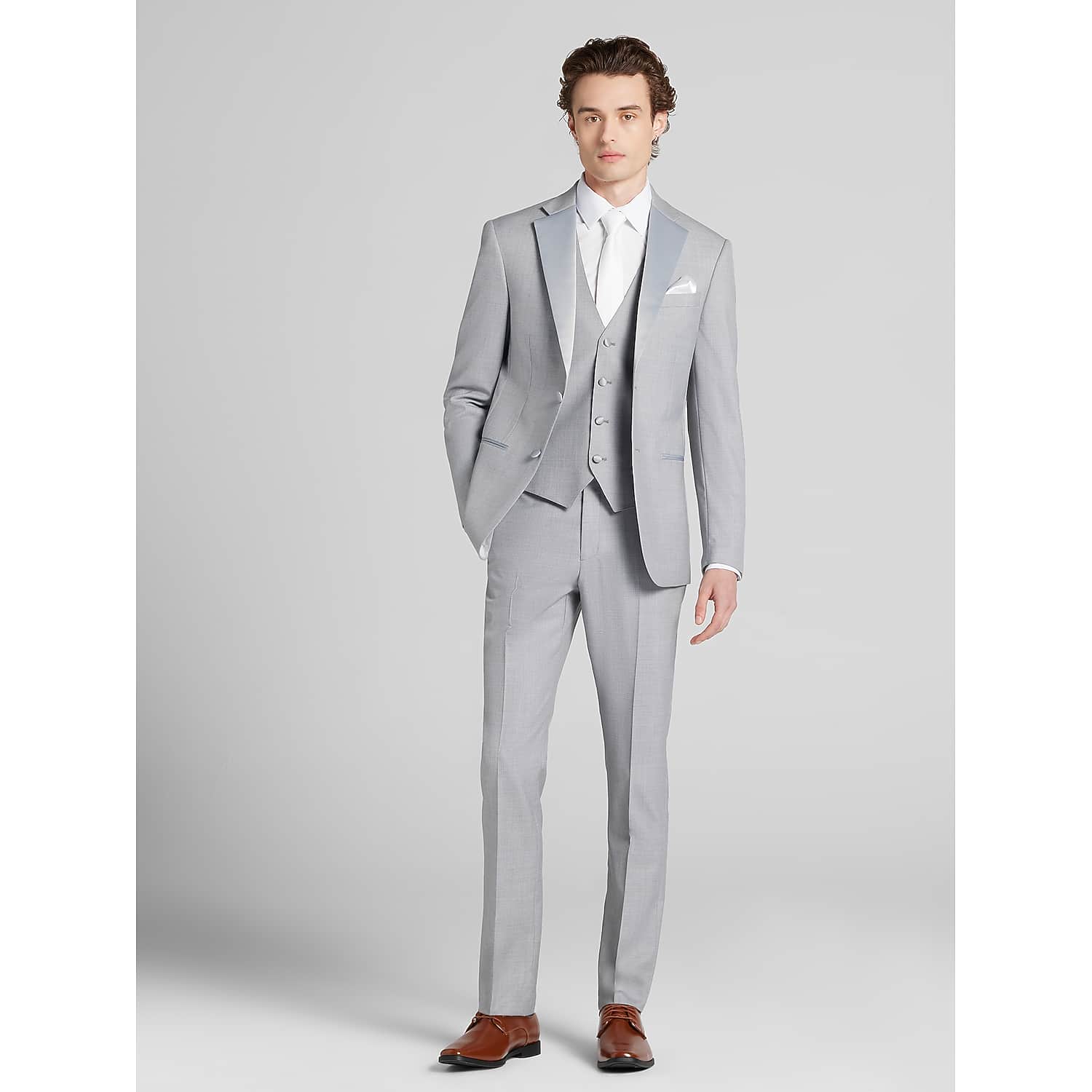 Joseph Abboud Light Gray Performance Wool Prom Tuxedo – Men’s Two-Button Notch Lapel Suit with Flat-Front Pants