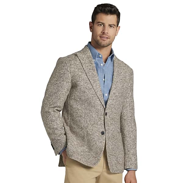 Joseph Abboud Big & Tall Men's Slim FIt Wool Blend Knit Plaid Sport Coat Taupe Plaid - Size: 48 Regular