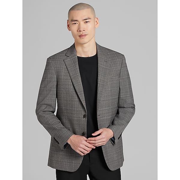 Awearness Kenneth Cole Men's Modern Fit Wool Blend Plaid Sport Coat Taupe Plaid - Size: 52 Long TMW175B52369