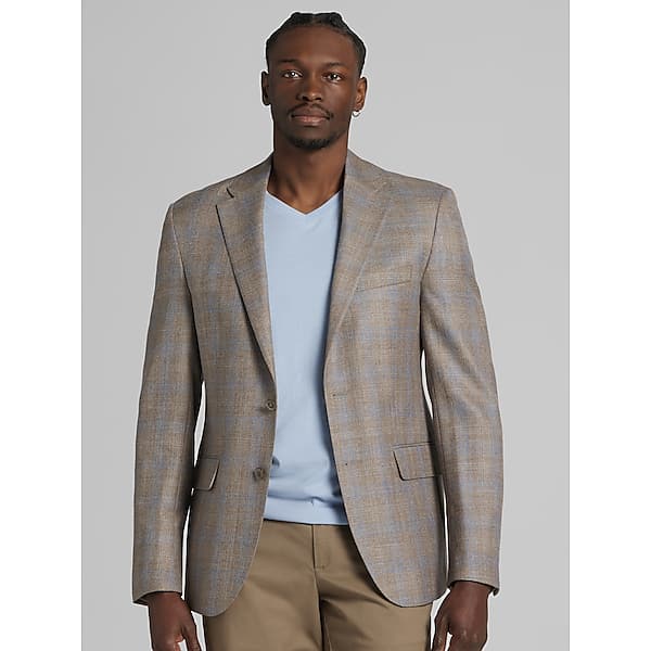 Joseph Abboud Men's Modern Fit Wool Blend Plaid Sport Coat Tan Plaid With Blue - Size: 52 Regular TMW17ER52265