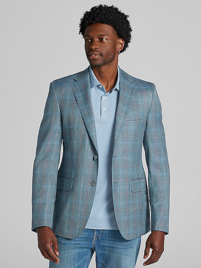 Joseph Abboud Men's Classic Fit Windowpane Plaid Sport Coat , Light Teal Windowpane / Blue