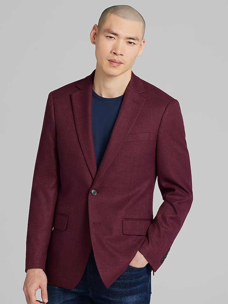 Wilke-Rodriguez Modern Fit Mens Sport Coat in Burgundy Dark Red  Polyester Blend Blazer, Size 44 Long