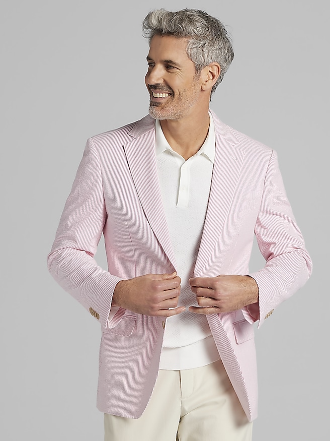 JOE Joseph Abboud Men's Modern Fit Seersucker Sport Coat , Pink/White