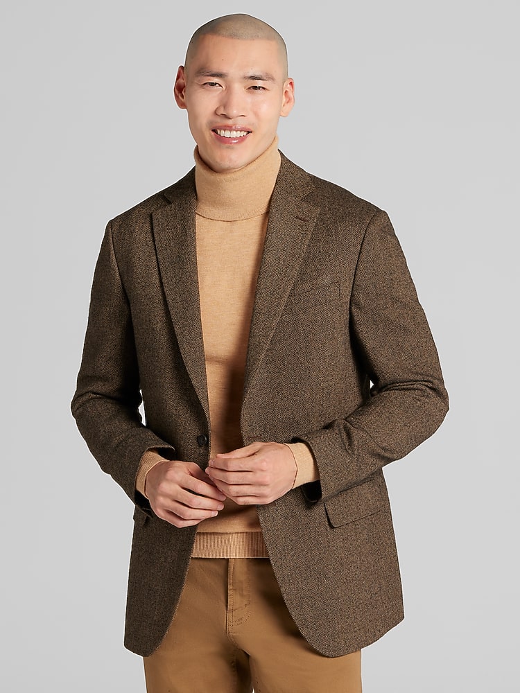 Wilke-Rodriguez Modern Fit Herringbone Sport Coat in Brown  Mens Polyester Blazer Jacket, Size 44 Regular