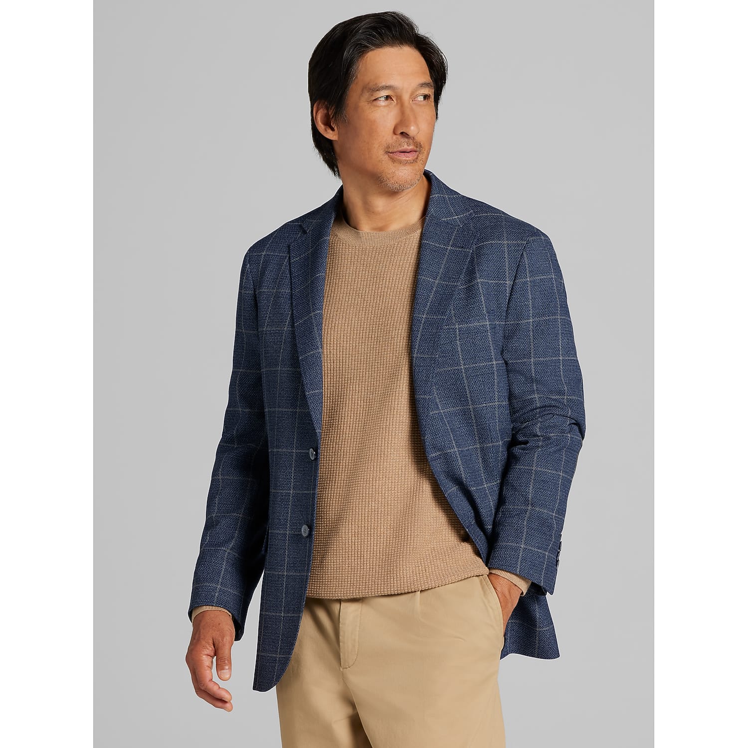 Joseph Abboud Classic Fit Windowpane Plaid Sport Coat in Indigo Blue – Men’s Size 46 Regular Sport Jacket for Business Casual Style