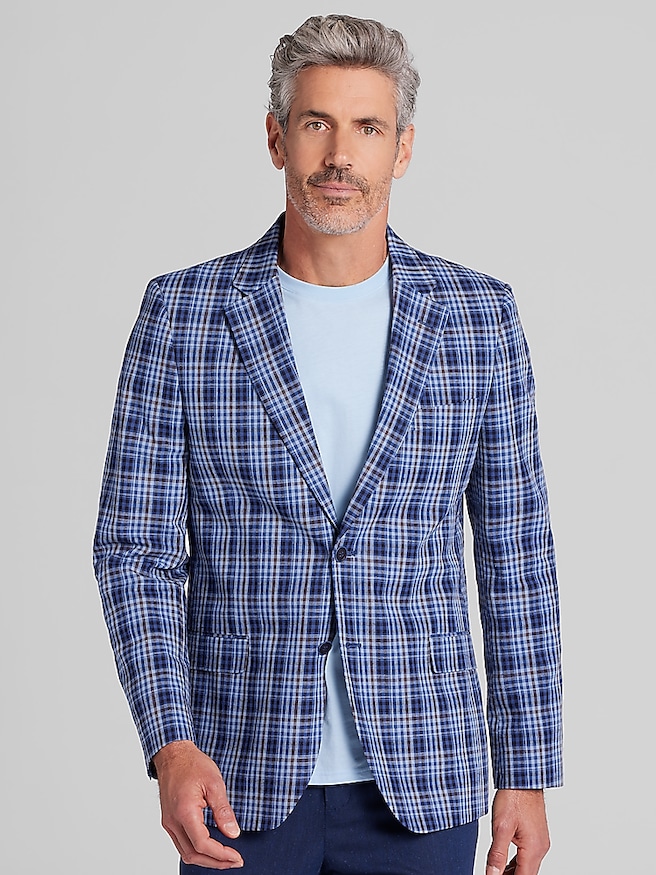 Nautica Men's Modern Fit Tweed Plaid Sport Coat , Navy Plaid / Blue