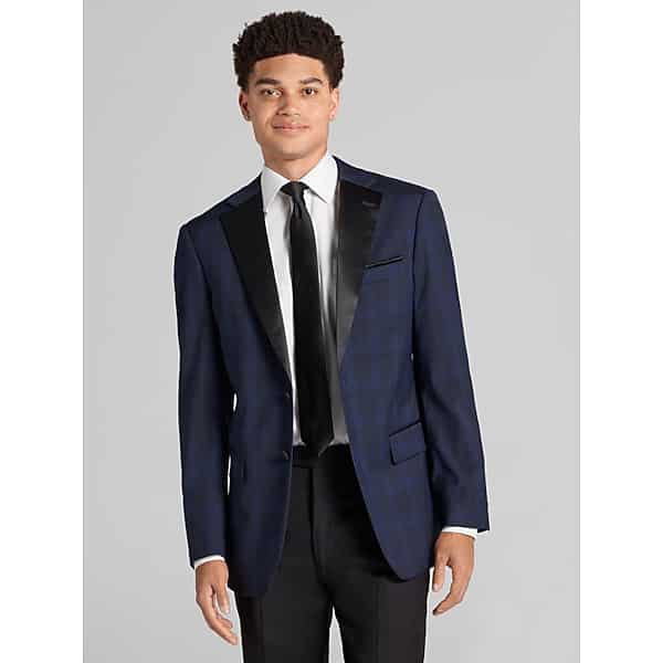 Egara Big & Tall Men's Slim Fit Notch Lapel Plaid Dinner Jacket Navy Plaid - Size: 56 Regular