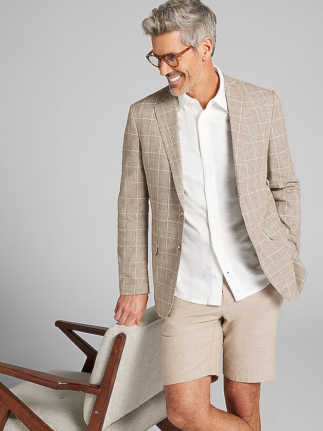 Joseph Abboud Modern Fit Windowpane Plaid Linen-Blend Sport Coat