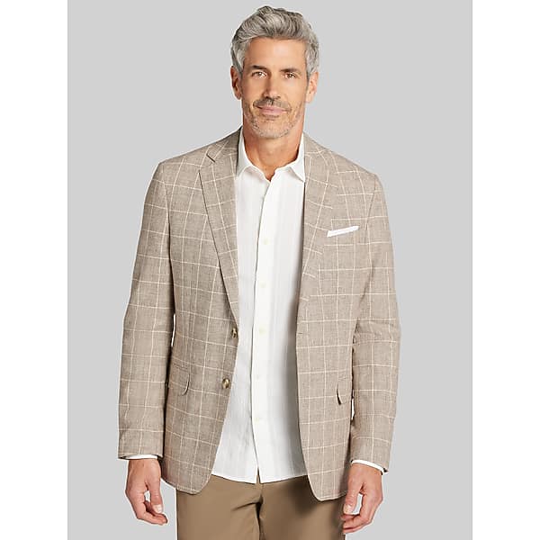 Joseph Abboud Men's Modern Fit Windowpane Plaid Linen-Blend Sport Coat Lt Brown Windowpane - Size: 38 Regular