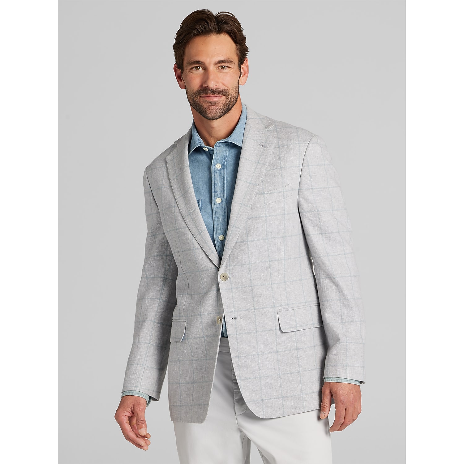 Joseph Abboud Modern Fit Linen-Blend Windowpane Sport Coat in Light Gray – Men’s 44 Long Blazer for Work, Weddings and Events