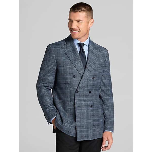 Joseph Abboud Men's Modern Fit Premium Wool Double Breasted Plaid Sport Coat Blue - Size: 40 Short