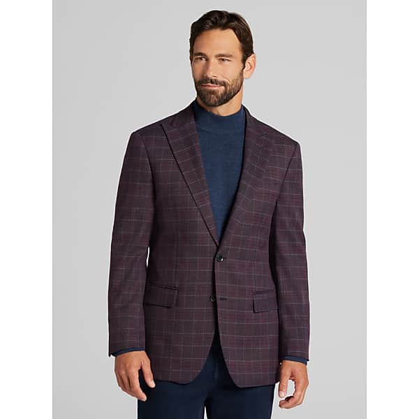 Wilke-Rodriguez Big & Tall Men's Modern Fit Plaid Sport Coat Dark Purple Wine - Size: 48 Regular