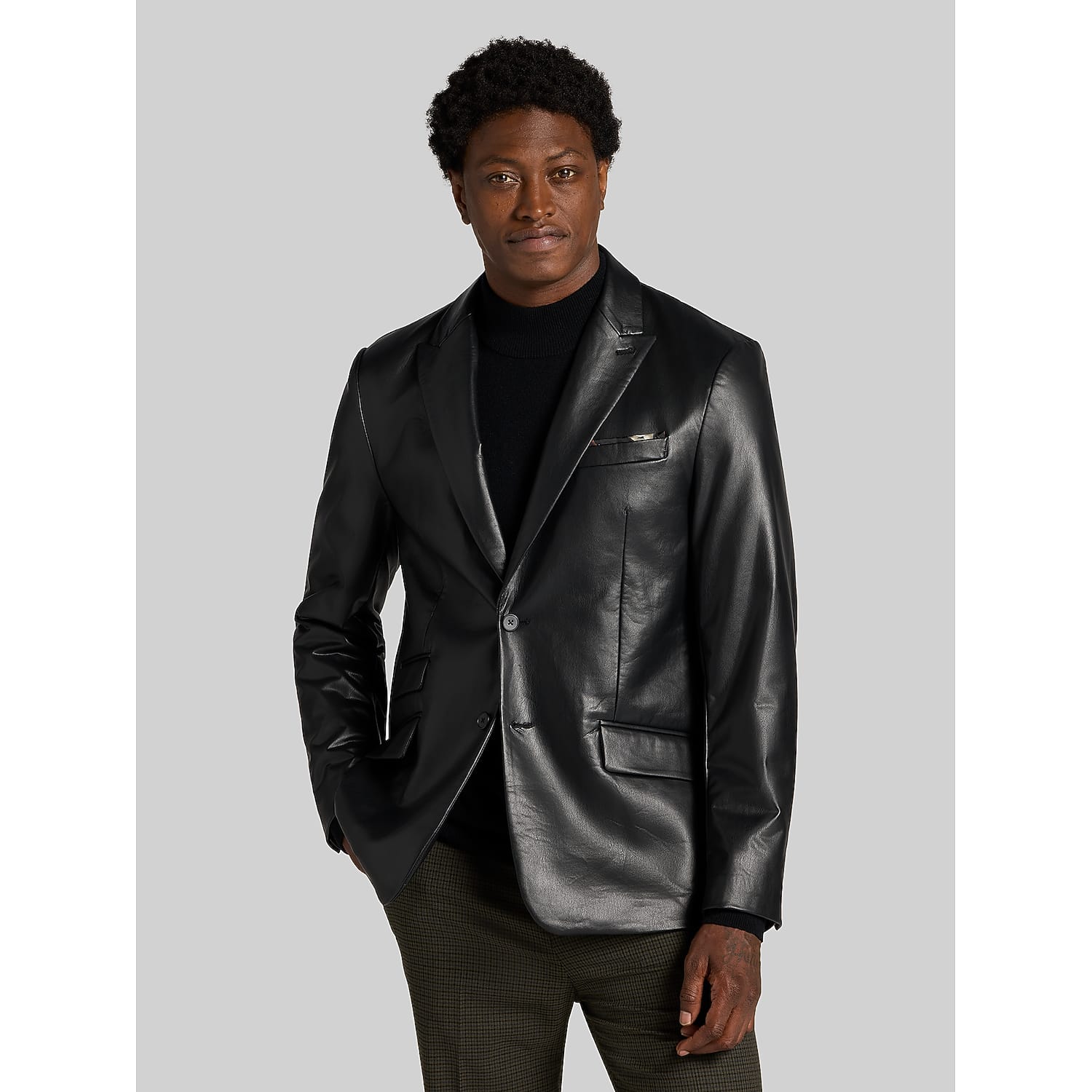 Paisley & Gray Black Faux Leather Jacket for Men – Modern Tailored Blazer Style Coat in 40 Long