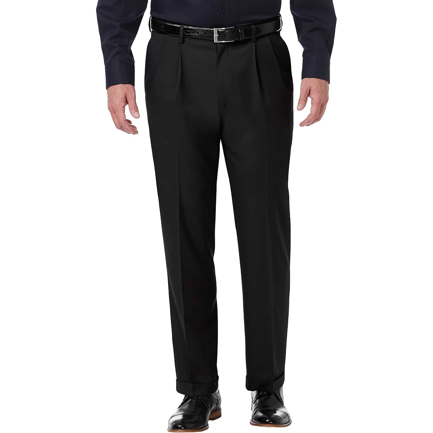 Haggar Premium Comfort Classic Fit Pleated Dress Pants for Men in Black – Wrinkle-Free Stretch Polyester Blend, Size 42W x 29L