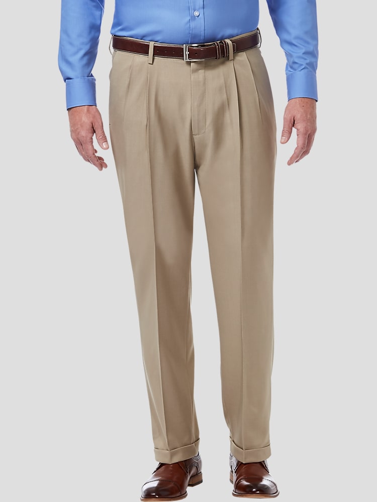 Haggar Men's Premium Comfort Stretch Classic-Fit Solid Pleated Dress Pants - Med Khaki