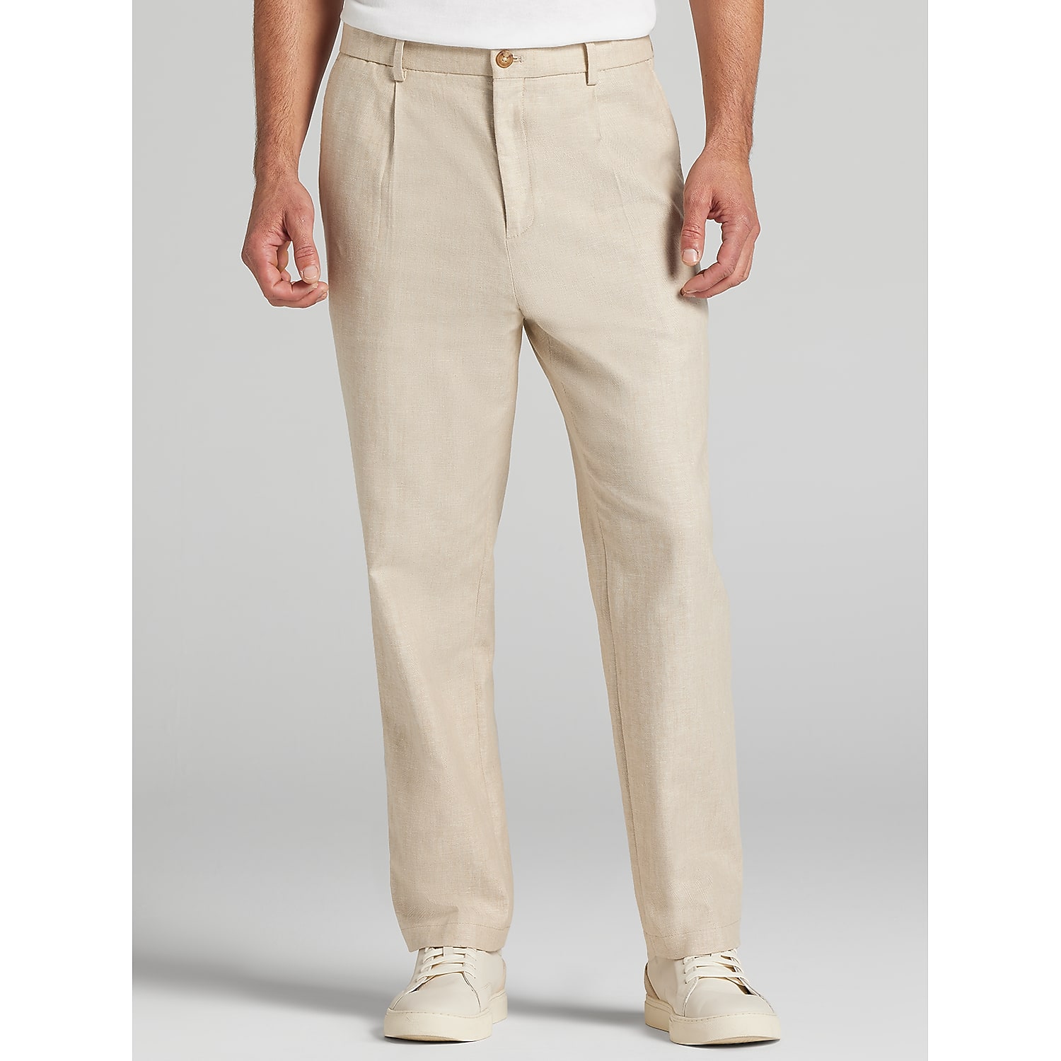 Joseph Abboud Modern Fit Pleated Stretch Linen Blend Chinos in Tan – Men’s XL Lightweight Dress Pants