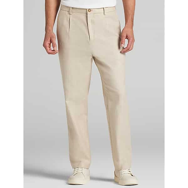 Joseph Abboud Men's Modern Fit Pleated Stretch Linen Blend Trousers Tan -