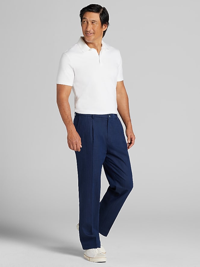 Joseph Abboud Modern Fit Pleated Stretch Linen Blend Trousers, Navy - Image 3 of 3