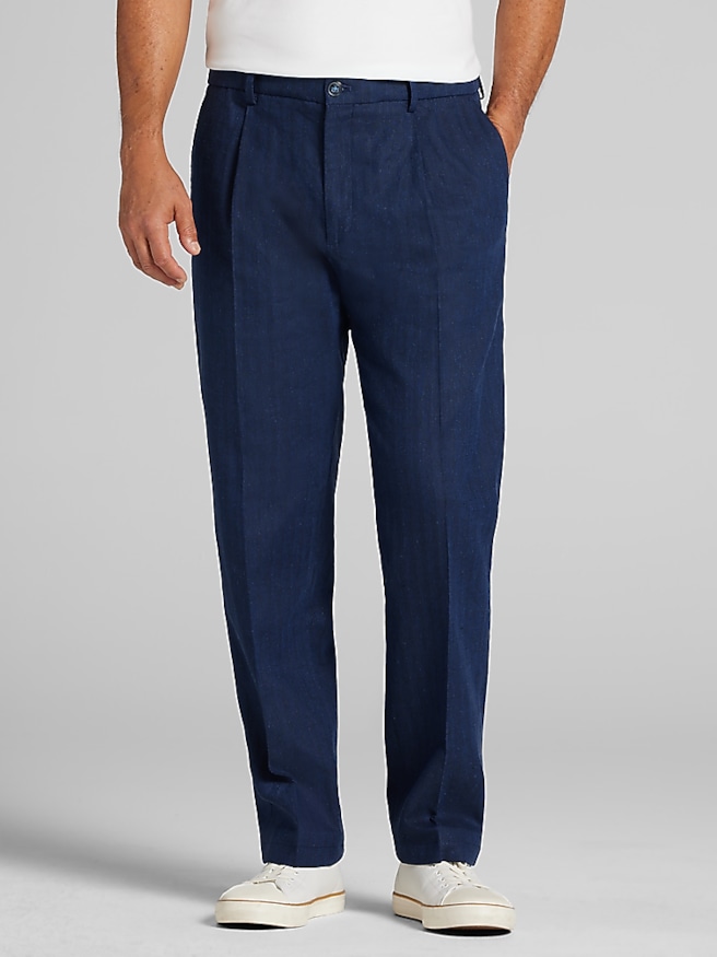 Joseph Abboud Men's Modern Fit Pleated Stretch Linen Blend Chinos , Navy / Blue