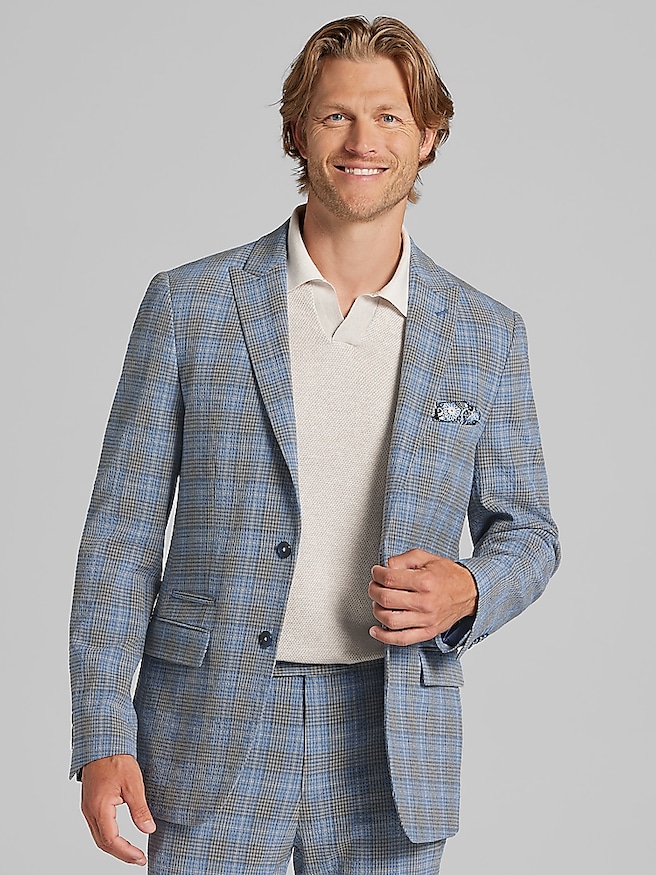 Paisley & Gray Men's Slim Fit Suit Seersucker Jacket , Grey Blue Check Seersucker