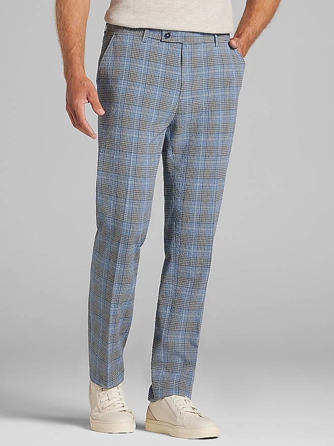 Paisley & Gray Men's Slim Fit Suit Seersucker Pants , Grey Blue Check Seersucker