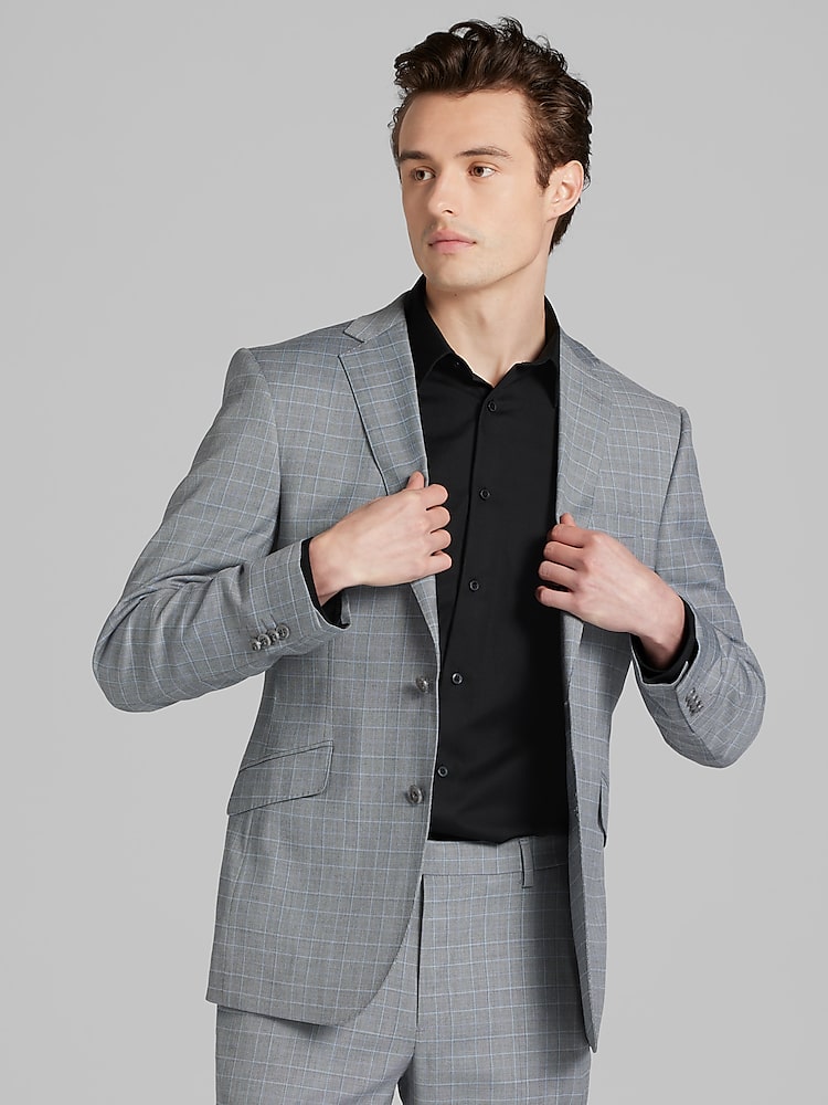 Slim Fit Grey Checkered Suit Wilke-Rodriguez Slim Fit Plaid Suit
