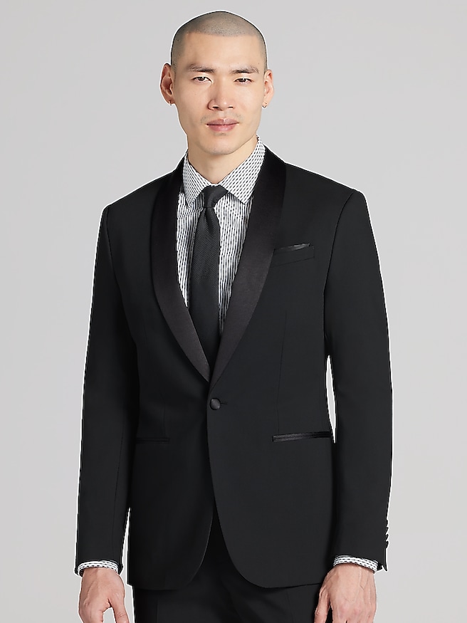 Egara Men's Skinny Fit Satin Shawl Tuxedo Jacket , Formal Black