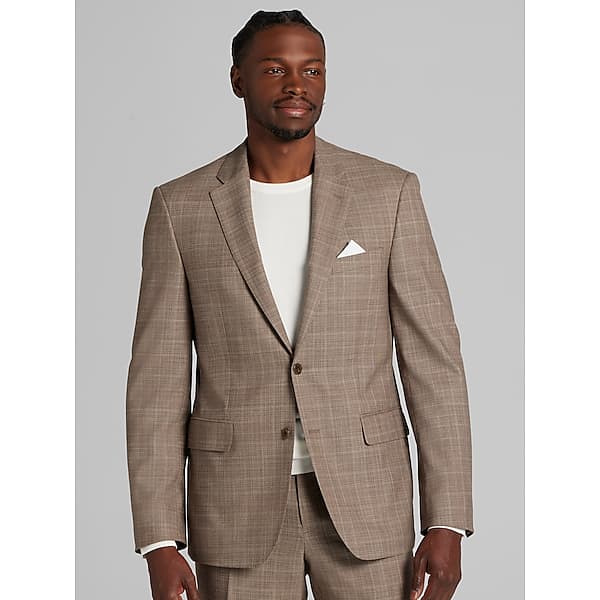 Joseph Abboud Classic Fit Plaid Men's Suit Jacket Tan Plaid - Size: 42 Long