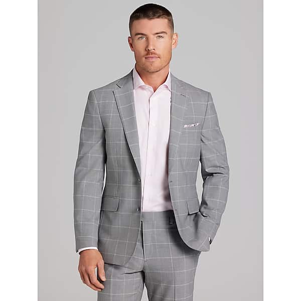 JOE Joseph Abboud Slim Fit Windowpane Plaid Men's Suit Jacket Platinum Windowpane - Size: 50 Long TMW35HB50364