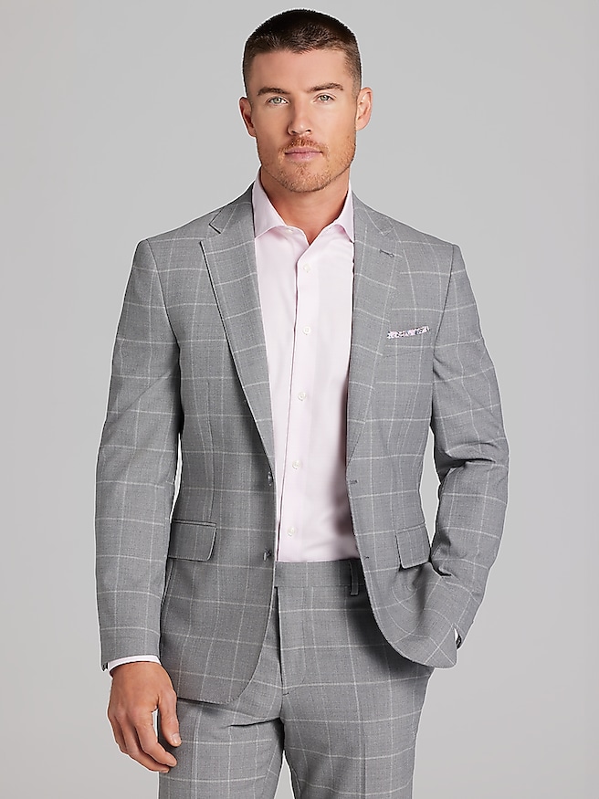 JOE Joseph Abboud Big & Tall Slim Fit Windowpane Plaid Men's Suit Jacket , Platinum Windowpane / Gray