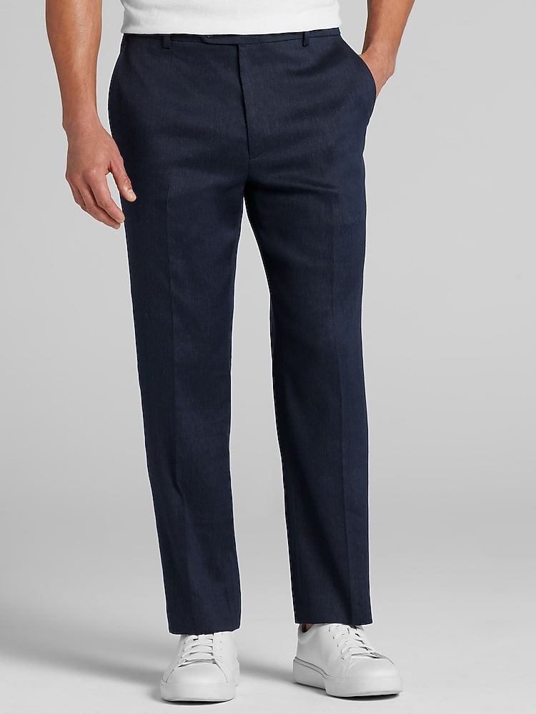 blue linen dress pants The Black Tux Ink Blue Pleated Linen Pants-Slim In Black | Size: 30/34