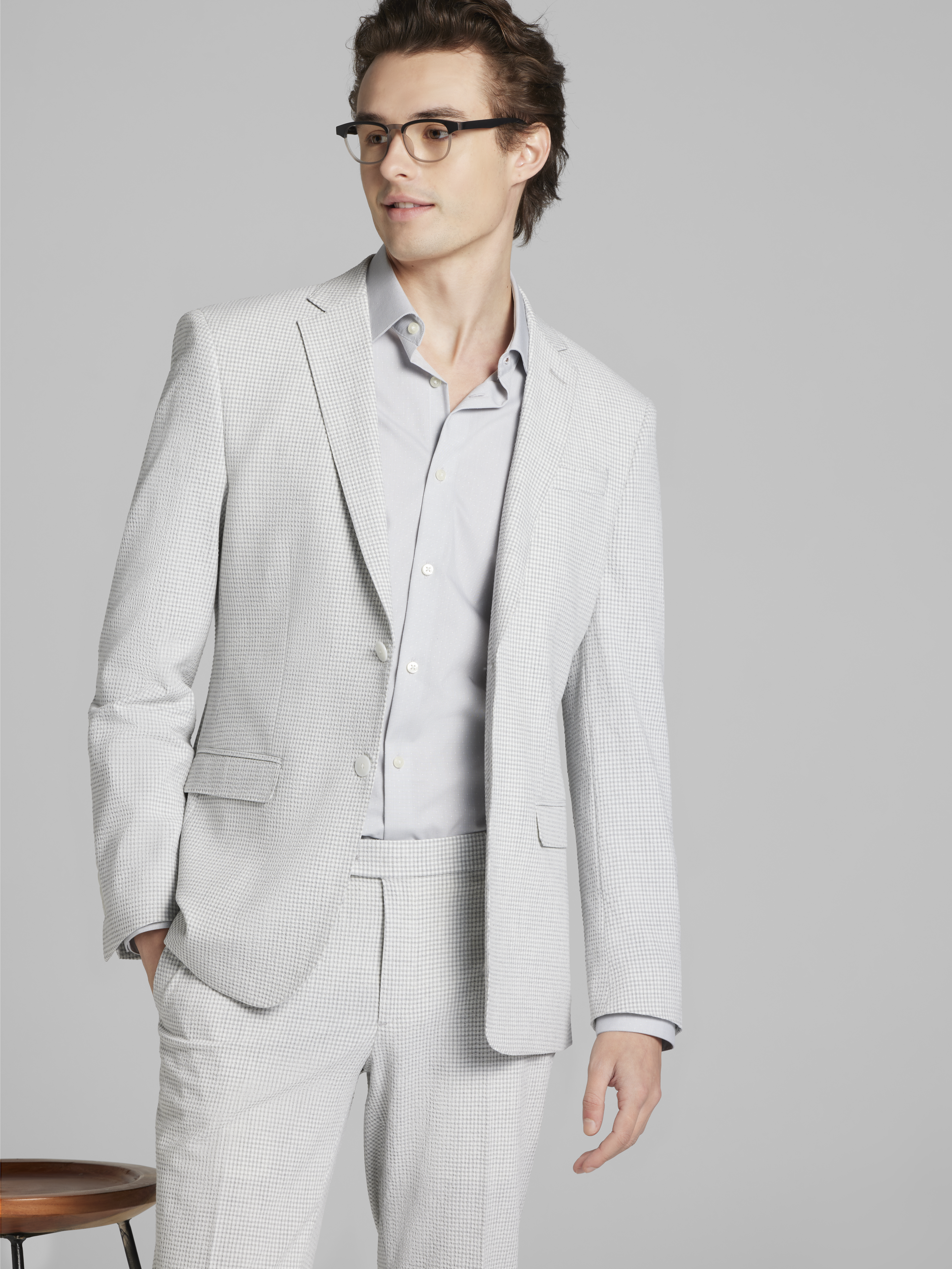 Skinny Fit Gingham Seersucker Suit Jacket