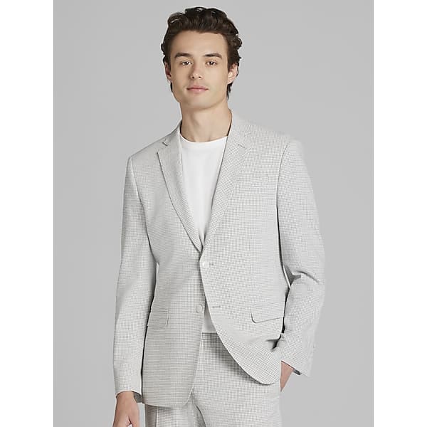 Egara Skinny Fit Gingham Seersucker Men's Suit Jacket Grey/White - Size: 37 Short TMW38BJ37195