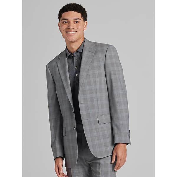 Calvin Klein Slim Fit Wool Blend Men's Suit Jacket Grey/Blue Plaid - Size: 46 Long TMW39DB46364