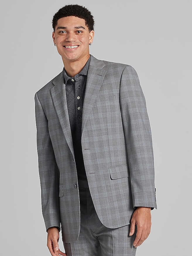 Calvin Klein Slim Fit Wool Blend Men's Suit Jacket , Grey/Blue Plaid / Gray
