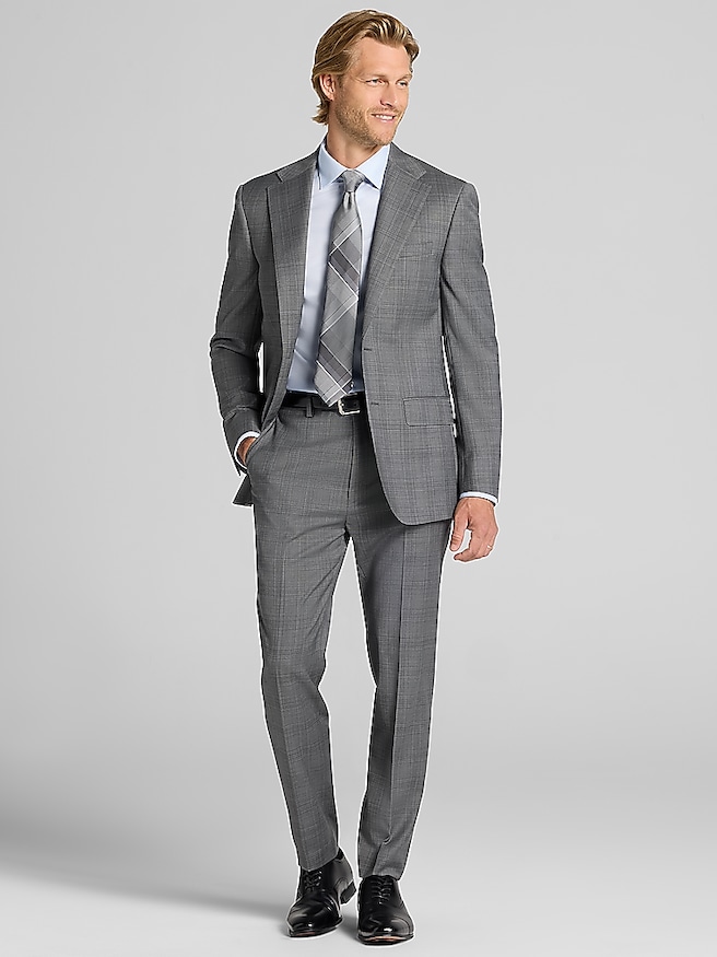 Calvin Klein Slim Fit Plaid Suit Gray Plaid