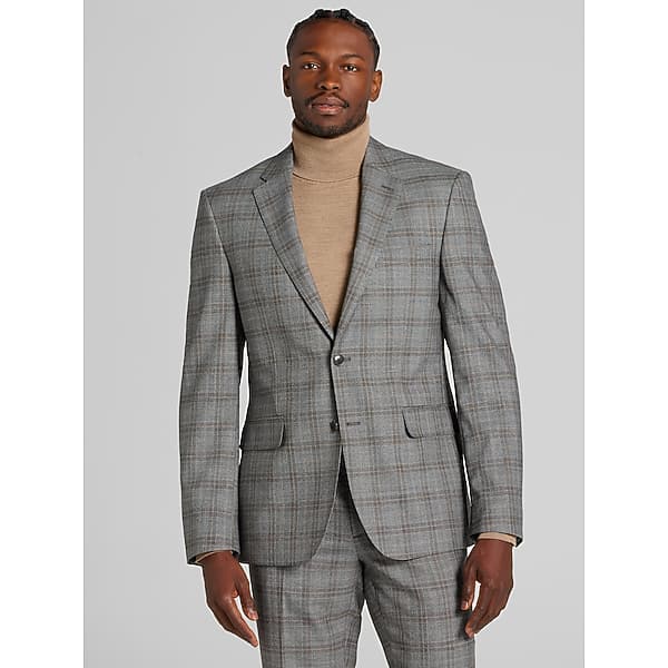 Joseph Abboud Big & Tall Classic Fit Plaid Mens Suit Jacket Grey Plaid With Camel - Size: 50 Long