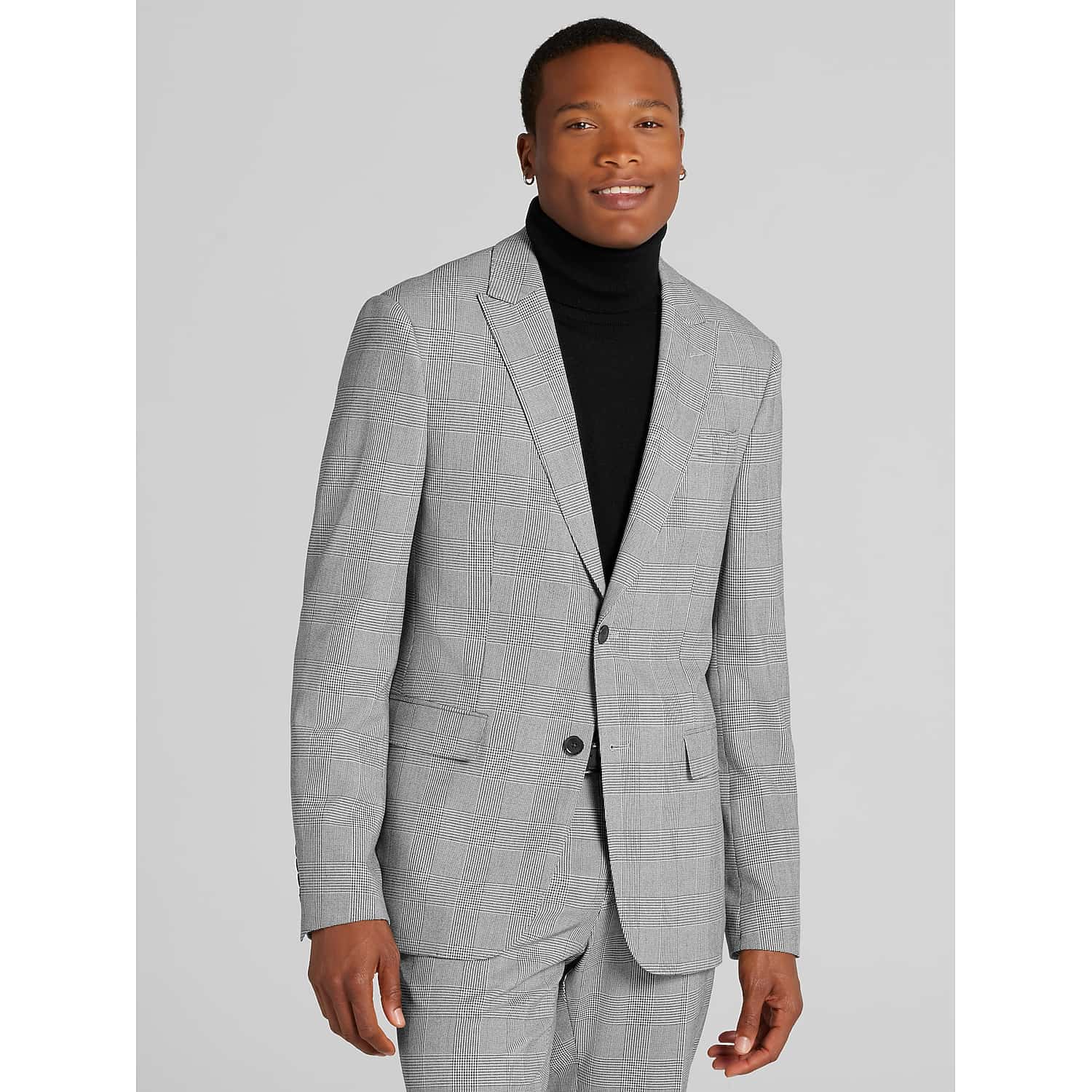 Egara Skinny Fit Plaid Men’s Suit Jacket in Black and White – Peak Lapel Two-Button Dress Coat, Size 36 Regular