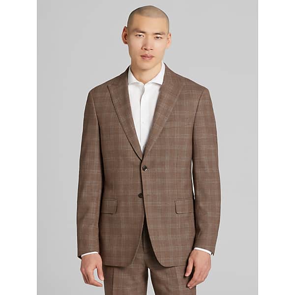 JOE Joseph Abboud Slim Fit Premium Wool Blend Plaid Men's Suit Jacket Lt Brown Plaid - Size: 42 Long