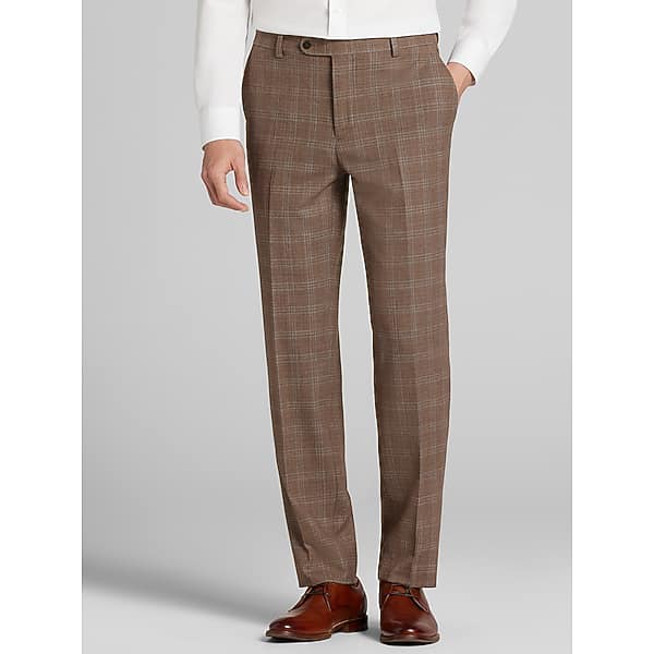 JOE Joseph Abboud Slim Fit Premium Wool Blend Men's Suit Pants Lt Brown Plaid - Size: 32W x 30L